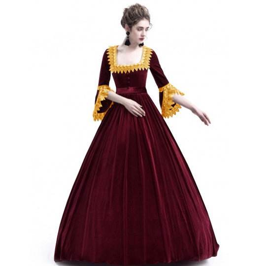 Damen Viktorianisches Samt-Ballkleid mit geraffter Taille und Spitzenärmeln Shop Nory