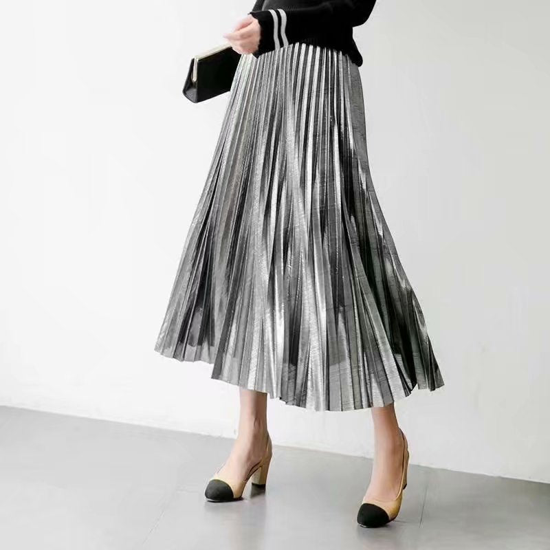Damen Lange plissierter Kunstleder-Maxirock mit elastischem Bund Shop Nory