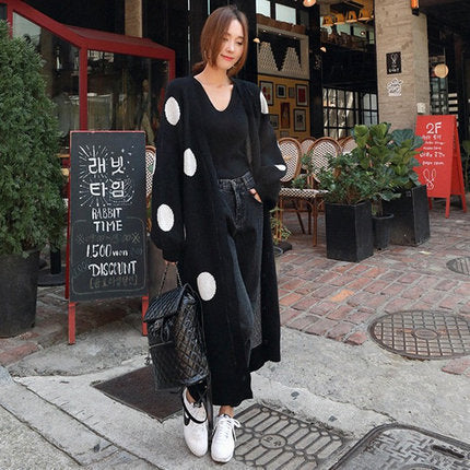 Damen Langer Oversize-Strickmantel mit großem Polka‑Dot‑Muster, Ballonärmeln und offener Front Shop Nory