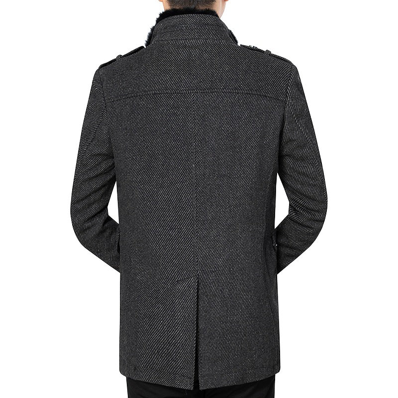 Herren Diagonalgestreifter Kurzmantel mit Kunstfellkragen und Schulterklappen Shop Nory