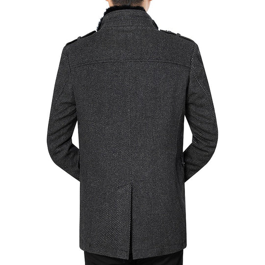 Herren Diagonalgestreifter Kurzmantel mit Kunstfellkragen und Schulterklappen Shop Nory