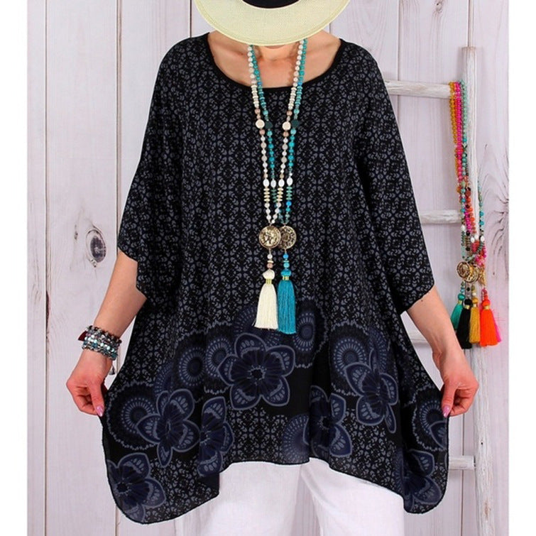 Damen fließende Viskose-Mix-Tunika im Boho-Stil mit floralem Besatz, asymmetrischem Saum und 3/4-Ärmeln Shop Nory