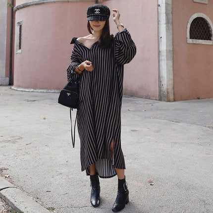 Damen Oversize-Hemdkleid mit vertikalen Streifen, V-Ausschnitt und Ballonärmeln Shop Nory