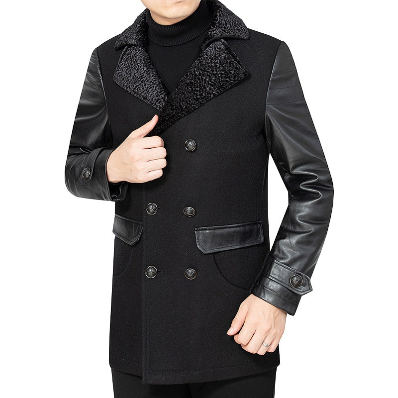 Herren Doppelreiher Kurzmantel mit Kunstlederärmeln und Teddykragen Shop Nory