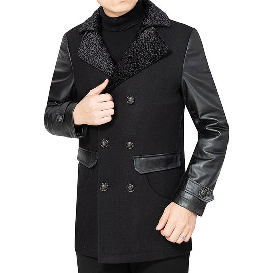 Herren Doppelreiher Kurzmantel mit Kunstlederärmeln und Teddykragen Shop Nory