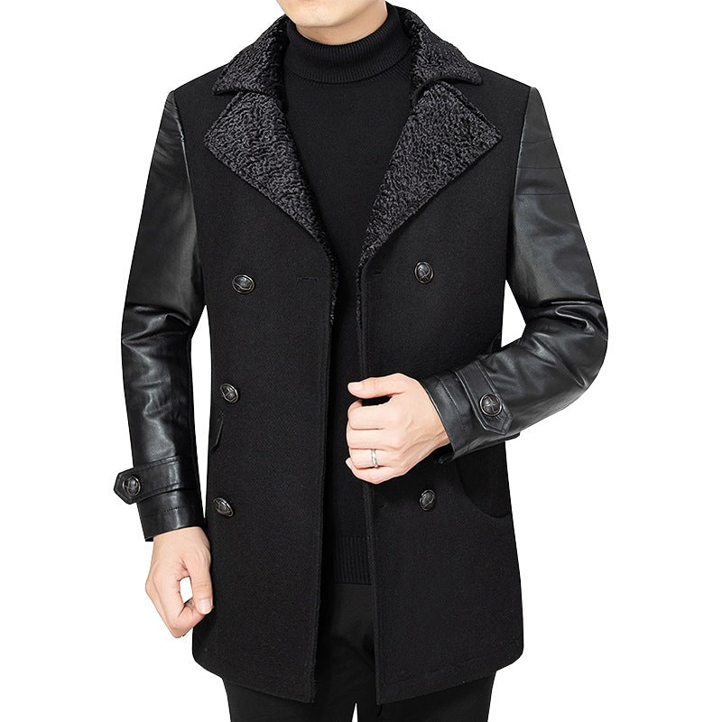 Herren Doppelreiher Kurzmantel mit Kunstlederärmeln und Teddykragen Shop Nory