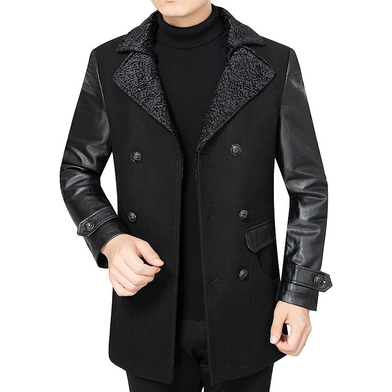 Herren Doppelreiher Kurzmantel mit Kunstlederärmeln und Teddykragen Shop Nory