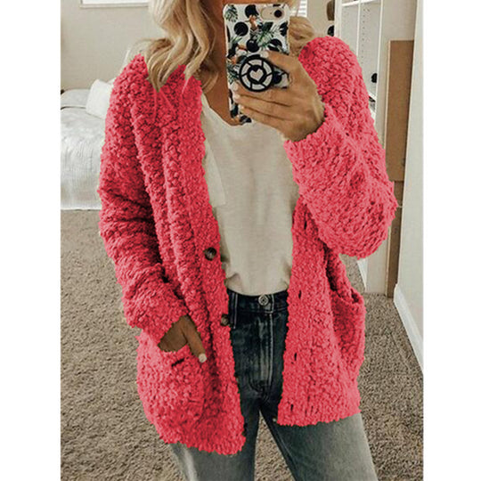 Damen nan locker geschnittener Teddy-Flausch-Cardigan mit dezenter Knopfleiste und aufgesetzten Eingrifftaschen Shop Nory