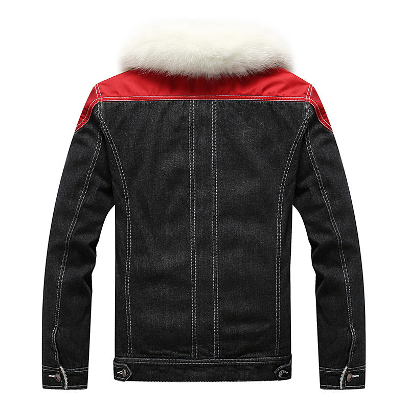 Herren Denim Worker-Jacke mit Kunstfellkragen, Teddy-Innenfutter und roten Schulterpatches Shop Nory