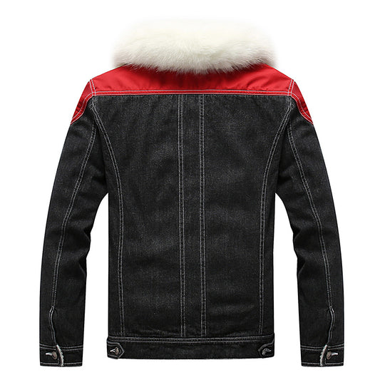 Herren Denim Worker-Jacke mit Kunstfellkragen, Teddy-Innenfutter und roten Schulterpatches Shop Nory
