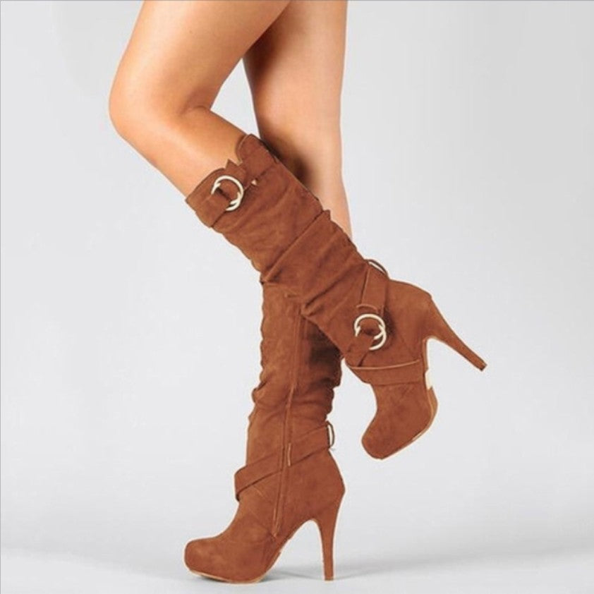 Damen kniehohe Stiefel aus Wildlederoptik mit Plateauabsatz und Zierschnallen Shop Nory