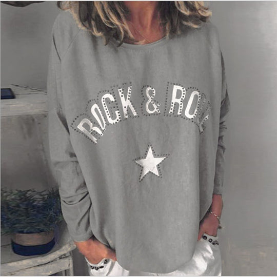 Damen Oversize-Sweatshirt mit Rock-and-Roll-Print und Sternapplikation Shop Nory