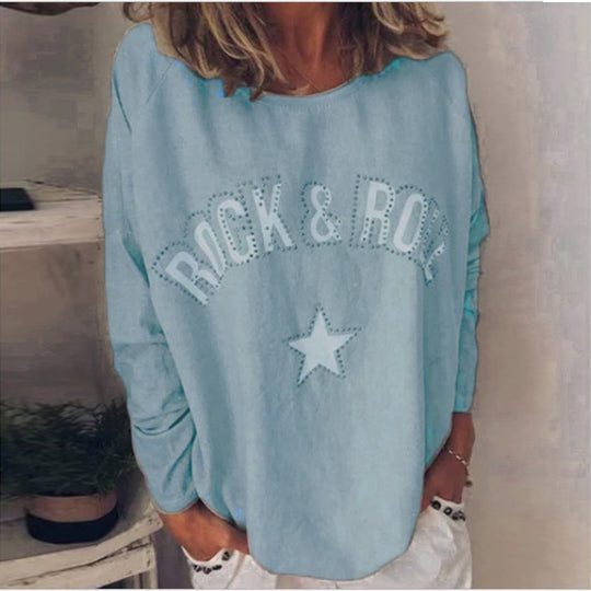Damen Oversize-Sweatshirt mit Rock-and-Roll-Print und Sternapplikation Shop Nory