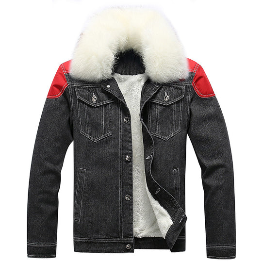Herren Denim Worker-Jacke mit Kunstfellkragen, Teddy-Innenfutter und roten Schulterpatches Shop Nory