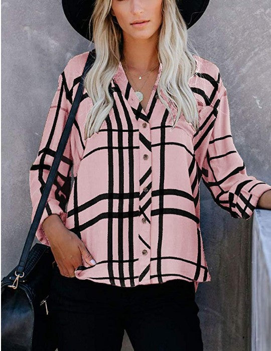 Damen Oversize-Hemdbluse mit Karomuster, Brusttasche und umkrempelbaren Ärmeln Shop Nory