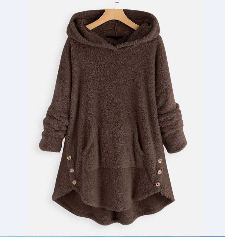 Damen nan kuscheliger Teddy-Kapuzenpullover mit Kängurutasche, Knopfleiste an den Seiten und abgerundetem Saum Shop Nory