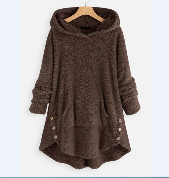 Damen nan kuscheliger Teddy-Kapuzenpullover mit Kängurutasche, Knopfleiste an den Seiten und abgerundetem Saum Shop Nory