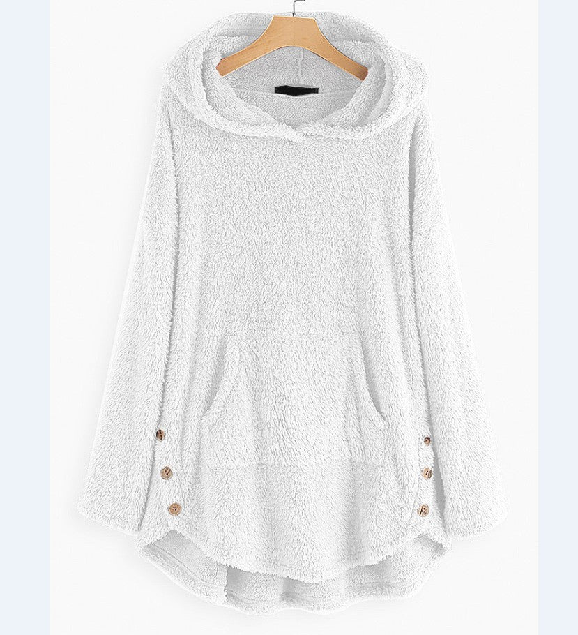 Damen nan kuscheliger Teddy-Kapuzenpullover mit Kängurutasche, Knopfleiste an den Seiten und abgerundetem Saum Shop Nory