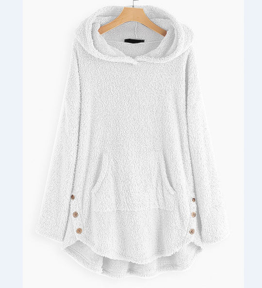 Damen nan kuscheliger Teddy-Kapuzenpullover mit Kängurutasche, Knopfleiste an den Seiten und abgerundetem Saum Shop Nory