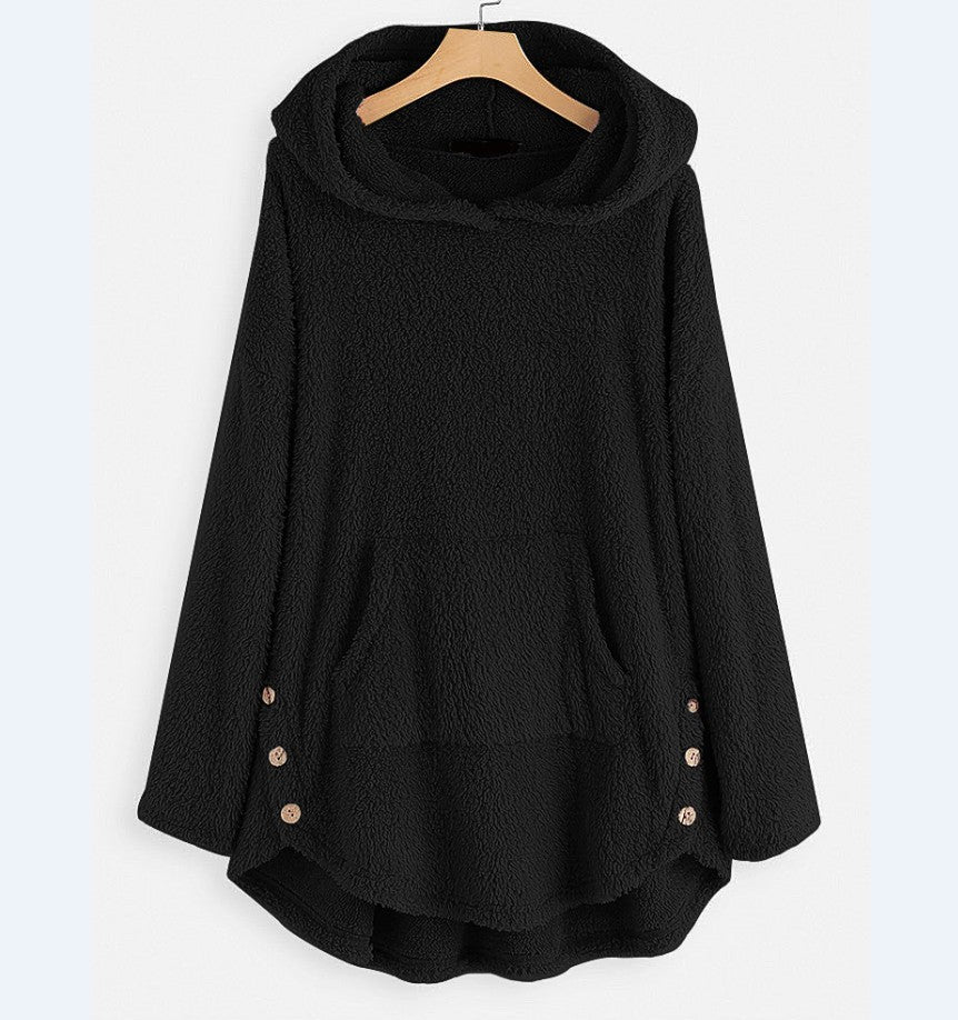Damen nan kuscheliger Teddy-Kapuzenpullover mit Kängurutasche, Knopfleiste an den Seiten und abgerundetem Saum Shop Nory