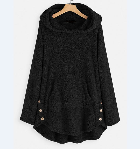 Damen nan kuscheliger Teddy-Kapuzenpullover mit Kängurutasche, Knopfleiste an den Seiten und abgerundetem Saum Shop Nory