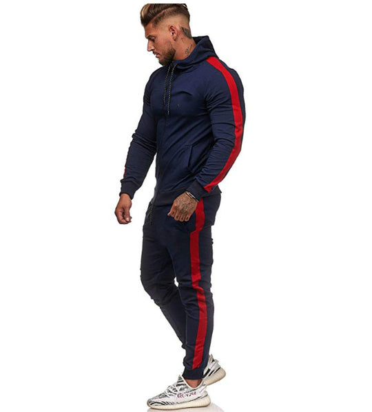 Herren figurbetonter Kapuzen-Trainingsanzug mit durchgehendem Reißverschluss, Kordelzug und kontrastierendem Seitenstreifen Shop Nory