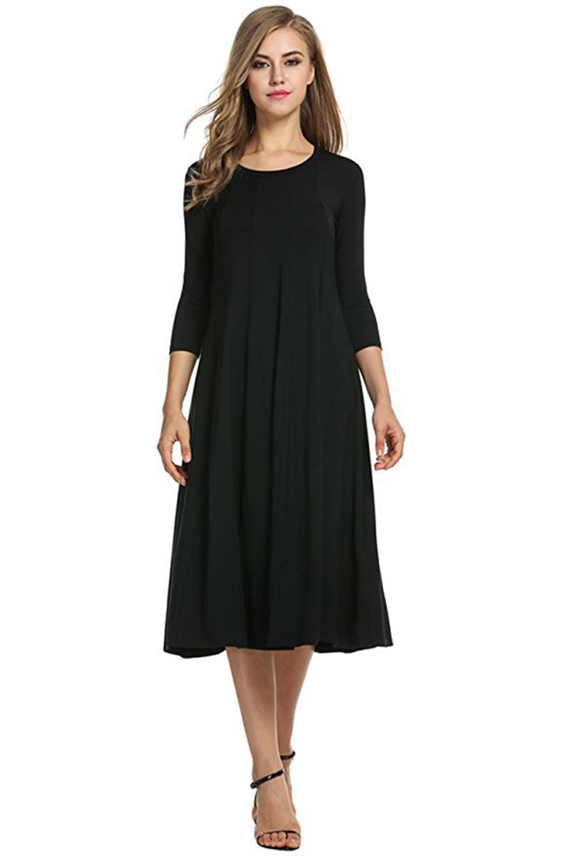 Quadrat-Ausschnitt 3/4-Lange Uni-Farbe Midi-Kleid