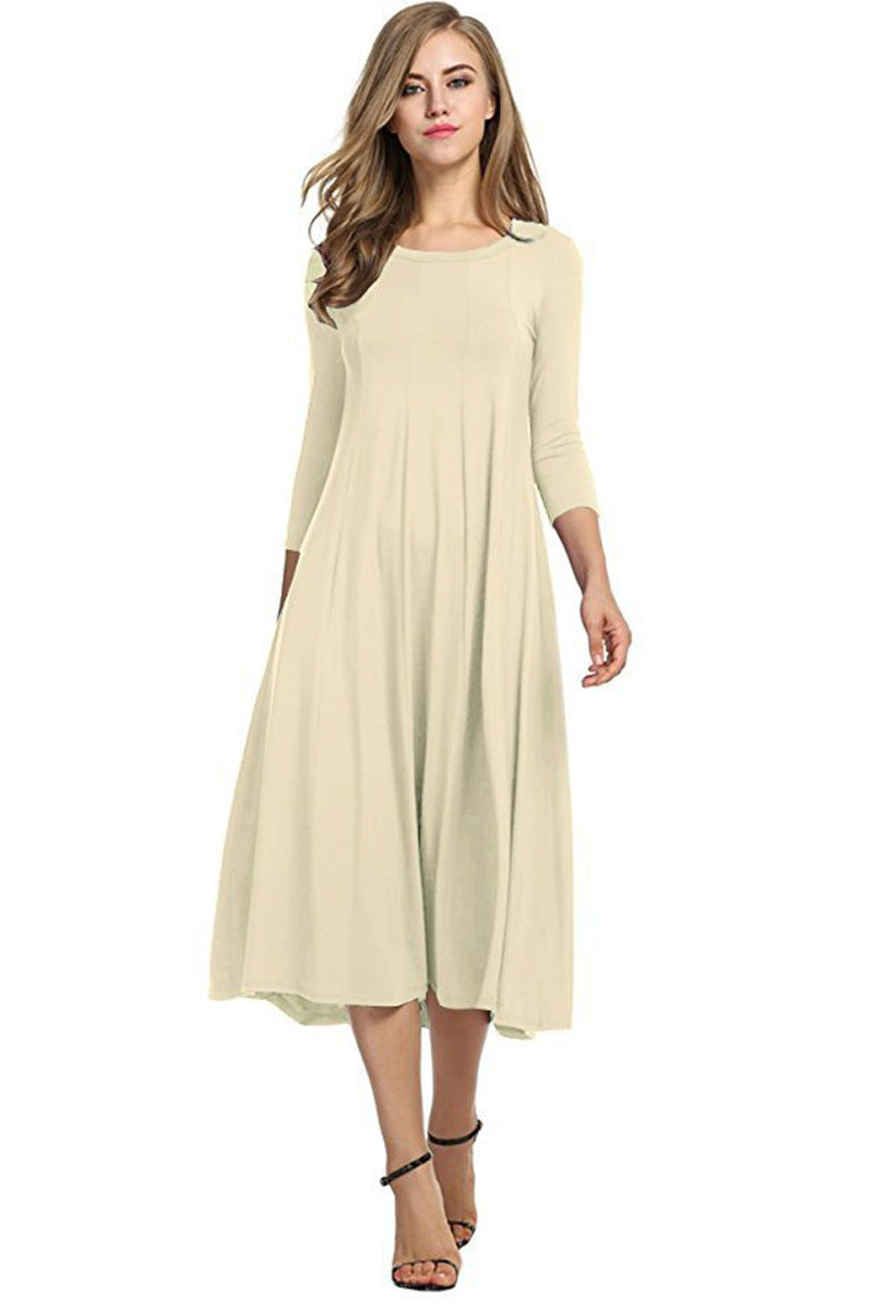 Quadrat-Ausschnitt 3/4-Lange Uni-Farbe Midi-Kleid