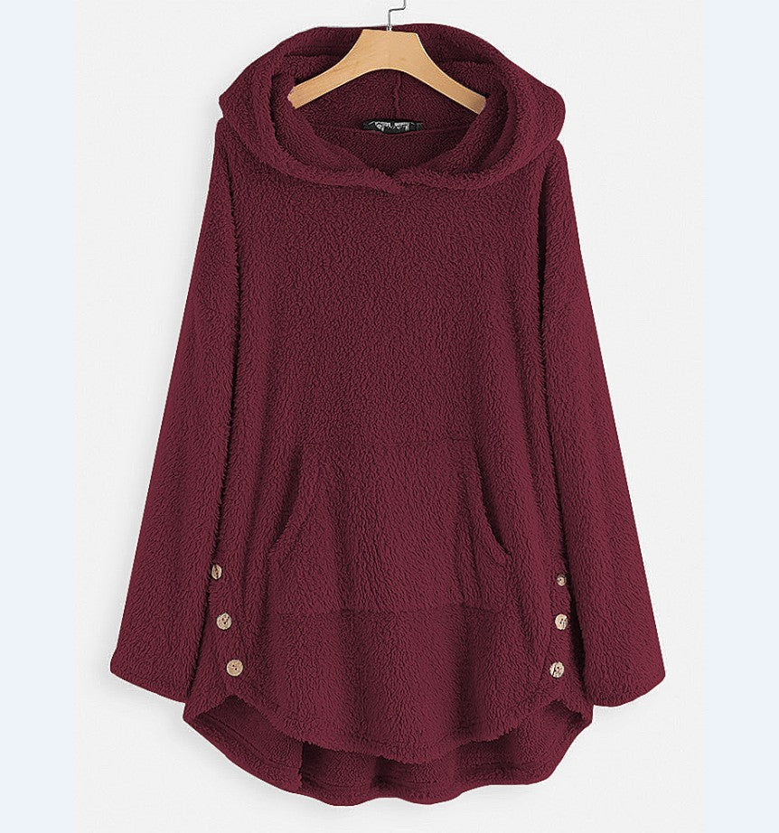 Damen nan kuscheliger Teddy-Kapuzenpullover mit Kängurutasche, Knopfleiste an den Seiten und abgerundetem Saum Shop Nory