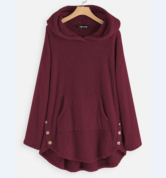 Damen nan kuscheliger Teddy-Kapuzenpullover mit Kängurutasche, Knopfleiste an den Seiten und abgerundetem Saum Shop Nory