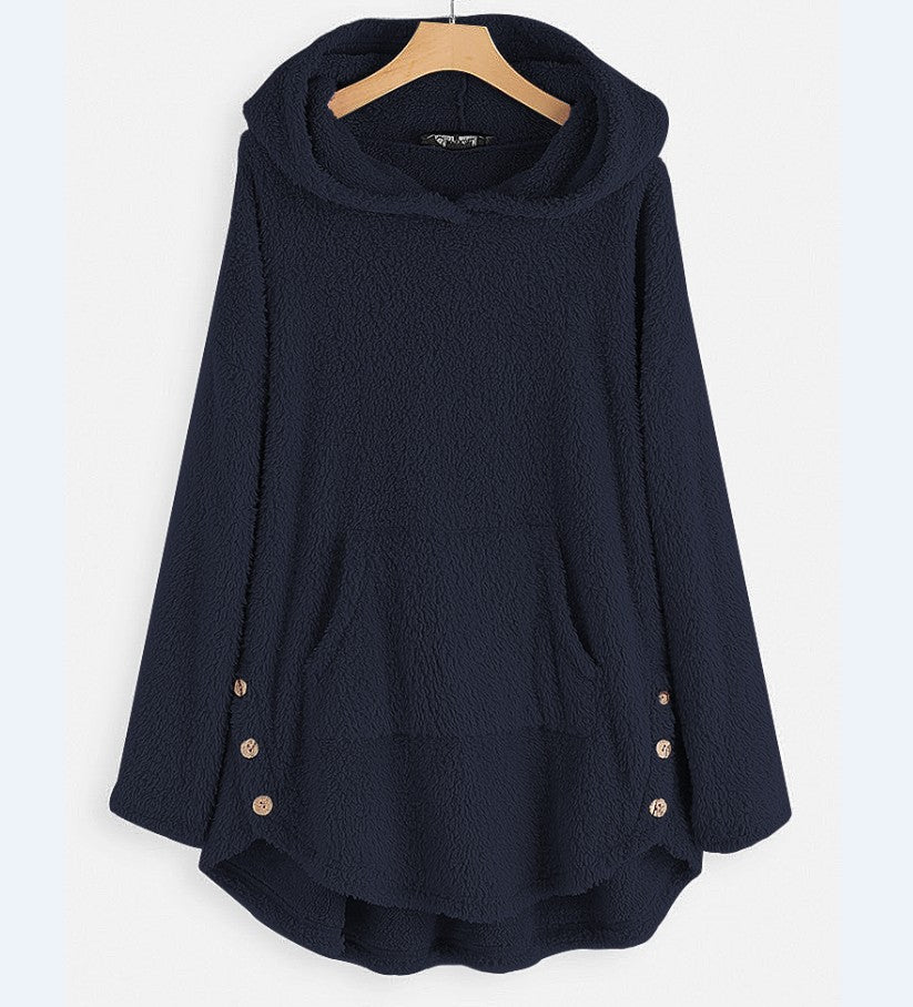 Damen nan kuscheliger Teddy-Kapuzenpullover mit Kängurutasche, Knopfleiste an den Seiten und abgerundetem Saum Shop Nory
