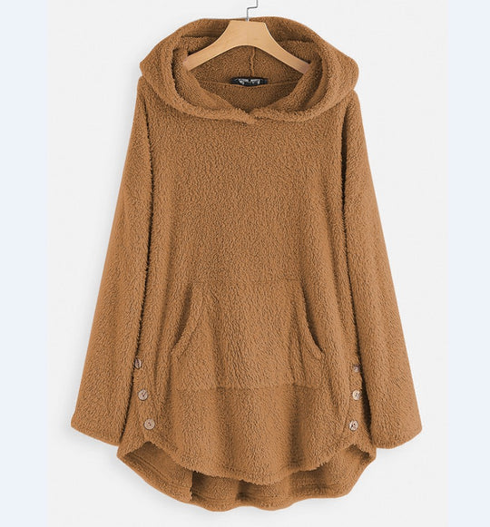 Damen nan kuscheliger Teddy-Kapuzenpullover mit Kängurutasche, Knopfleiste an den Seiten und abgerundetem Saum Shop Nory