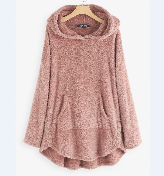 Damen nan kuscheliger Teddy-Kapuzenpullover mit Kängurutasche, Knopfleiste an den Seiten und abgerundetem Saum Shop Nory