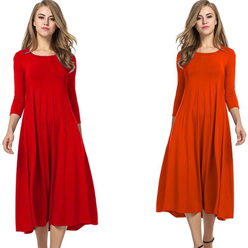 Quadrat-Ausschnitt 3/4-Lange Uni-Farbe Midi-Kleid