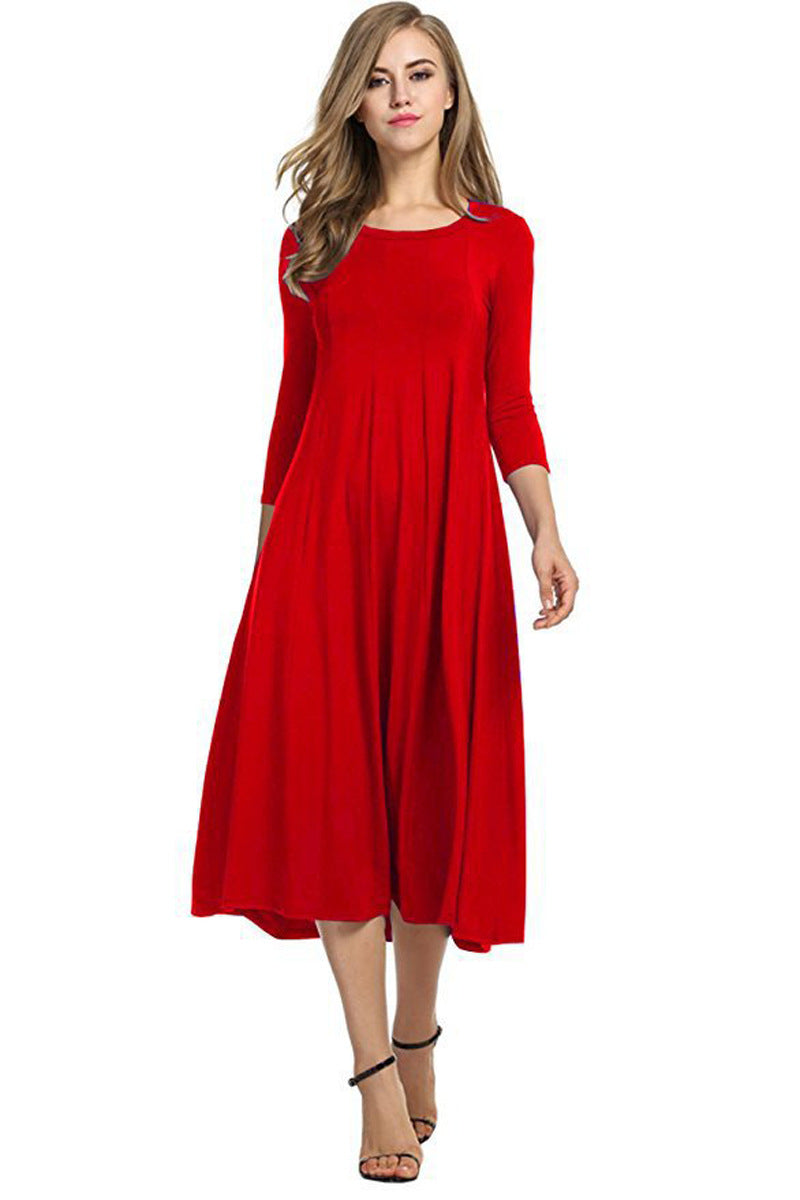 Quadrat-Ausschnitt 3/4-Lange Uni-Farbe Midi-Kleid
