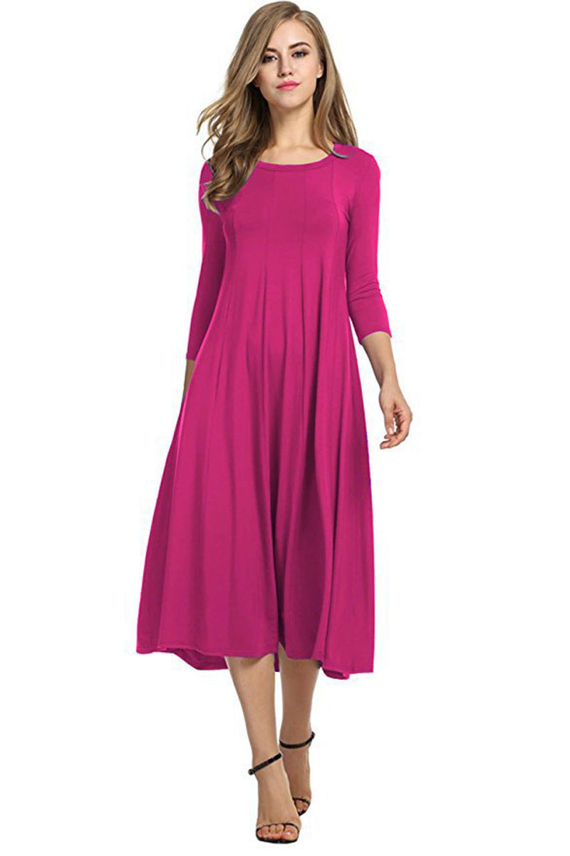 Quadrat-Ausschnitt 3/4-Lange Uni-Farbe Midi-Kleid