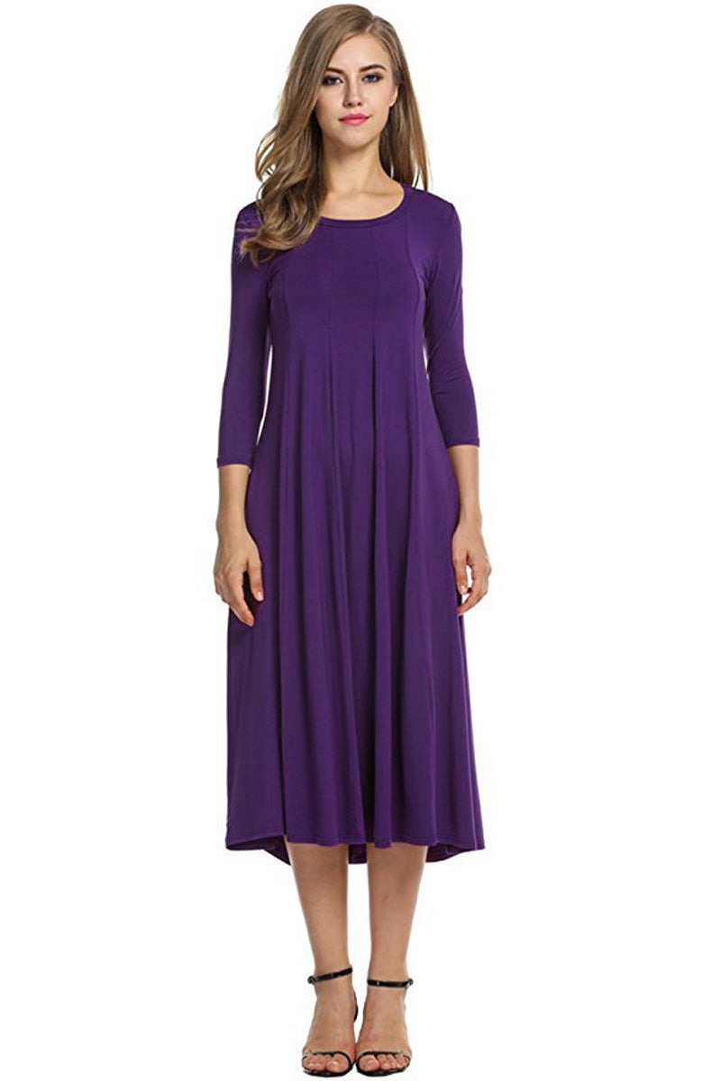 Quadrat-Ausschnitt 3/4-Lange Uni-Farbe Midi-Kleid