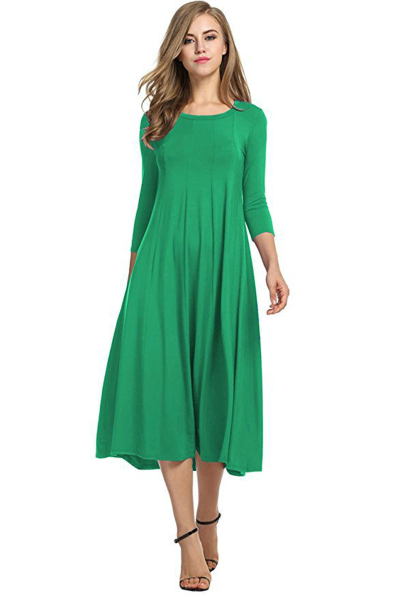 Quadrat-Ausschnitt 3/4-Lange Uni-Farbe Midi-Kleid