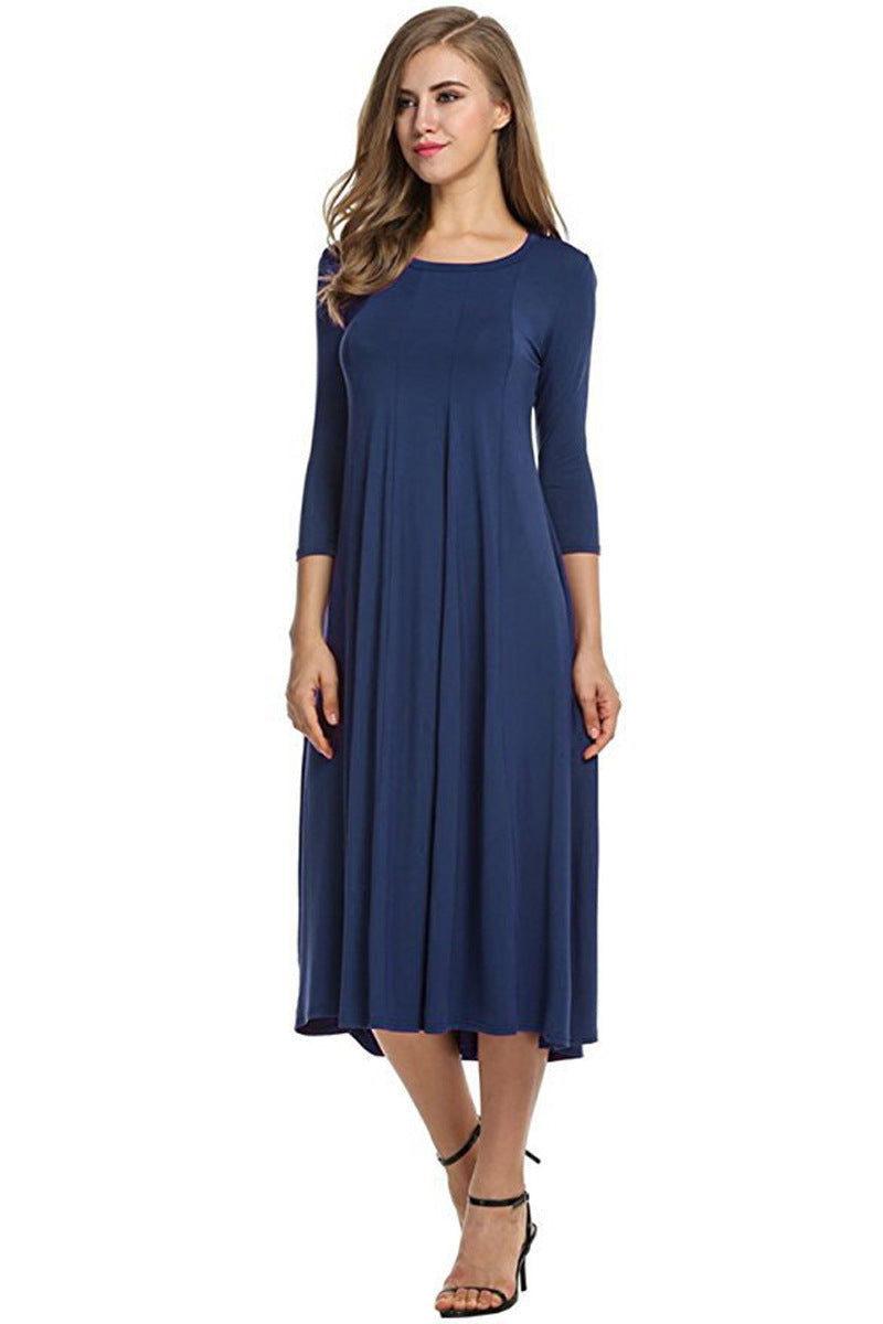 Quadrat-Ausschnitt 3/4-Lange Uni-Farbe Midi-Kleid