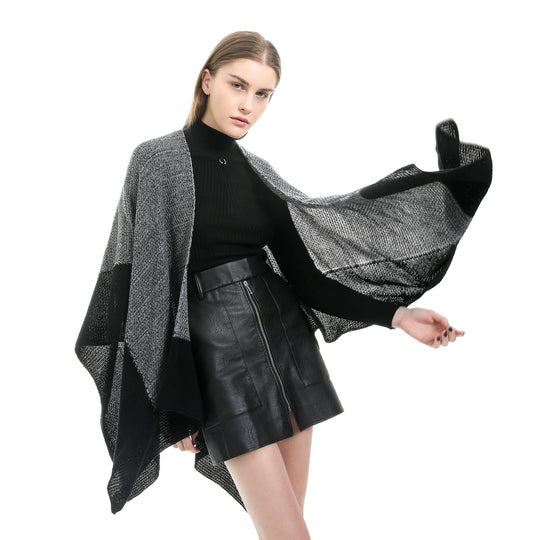 Damen Offene Strick‑Ruana mit Wasserfall‑Saum und Blockstreifen Shop Nory