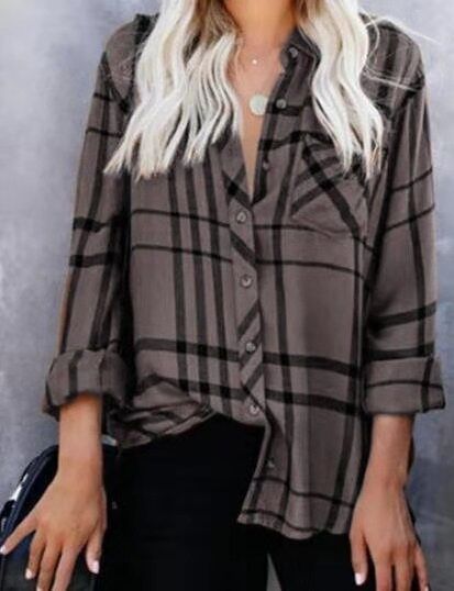 Damen Oversize-Hemdbluse mit Karomuster, Brusttasche und umkrempelbaren Ärmeln Shop Nory