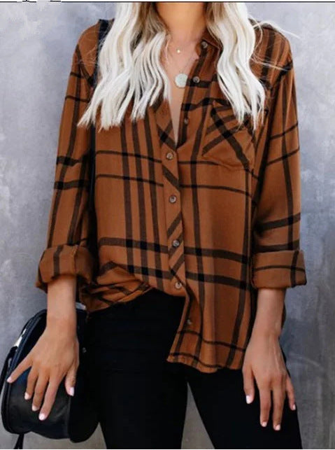 Damen Oversize-Hemdbluse mit Karomuster, Brusttasche und umkrempelbaren Ärmeln Shop Nory