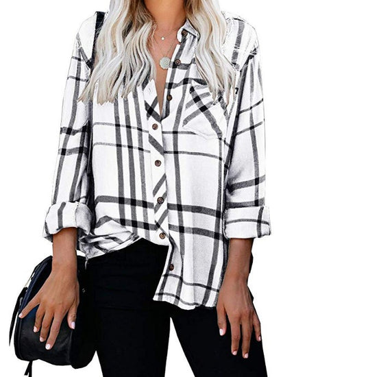 Damen Oversize-Hemdbluse mit Karomuster, Brusttasche und umkrempelbaren Ärmeln Shop Nory