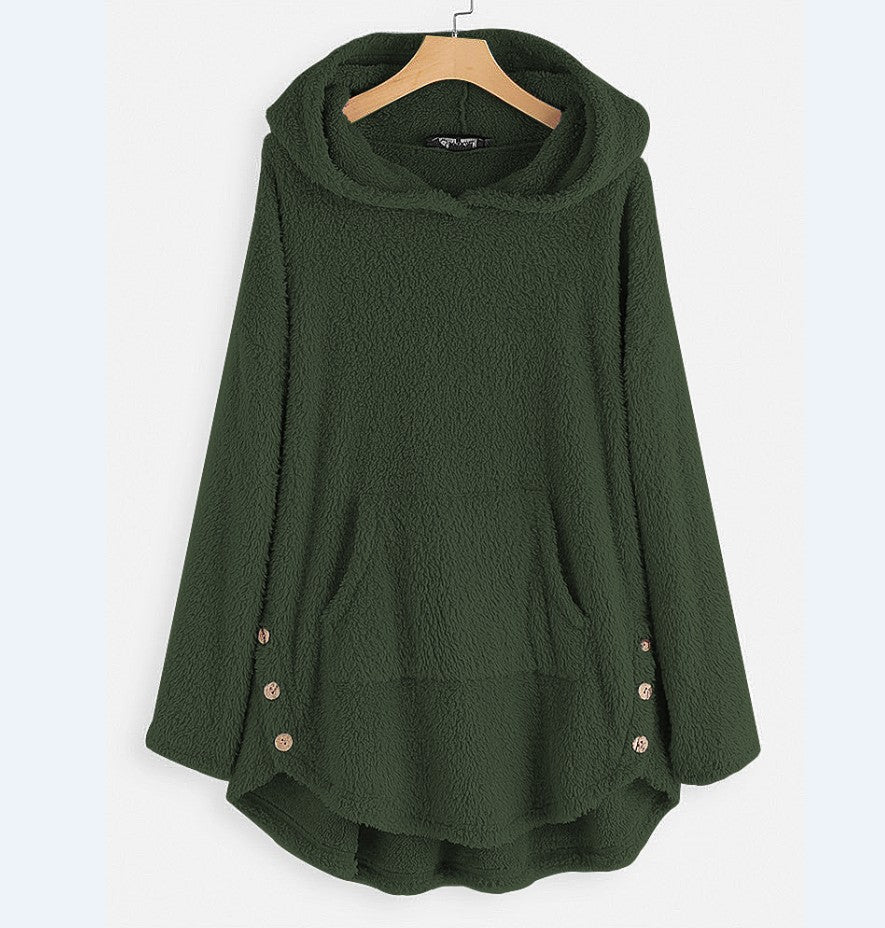 Damen nan kuscheliger Teddy-Kapuzenpullover mit Kängurutasche, Knopfleiste an den Seiten und abgerundetem Saum Shop Nory