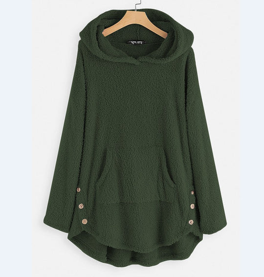 Damen nan kuscheliger Teddy-Kapuzenpullover mit Kängurutasche, Knopfleiste an den Seiten und abgerundetem Saum Shop Nory
