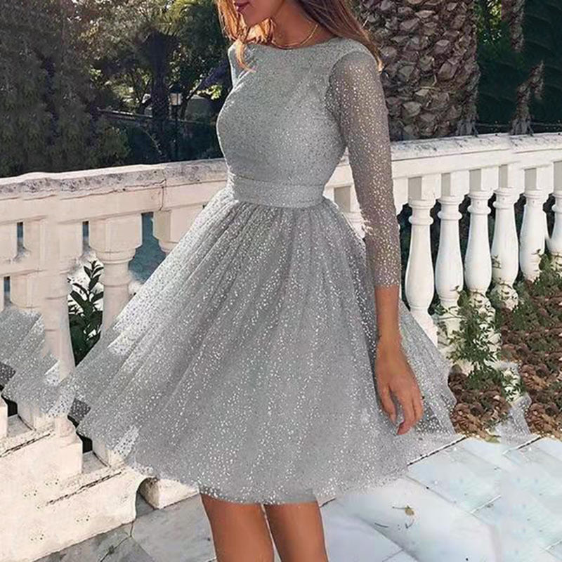 Damen Elegantes Tüllkleid mit Transparenten Ärmeln