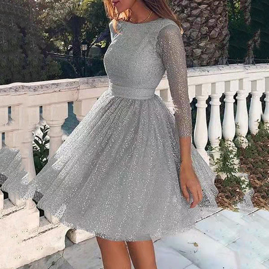 Damen Elegantes Tüllkleid mit Transparenten Ärmeln