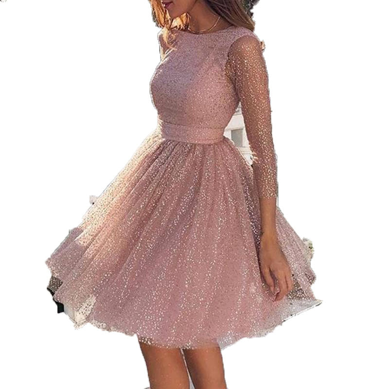 Damen Elegantes Tüllkleid mit Transparenten Ärmeln