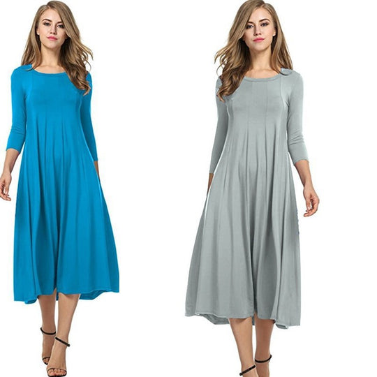 Quadrat-Ausschnitt 3/4-Lange Uni-Farbe Midi-Kleid