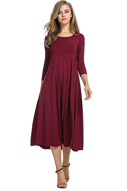 Quadrat-Ausschnitt 3/4-Lange Uni-Farbe Midi-Kleid